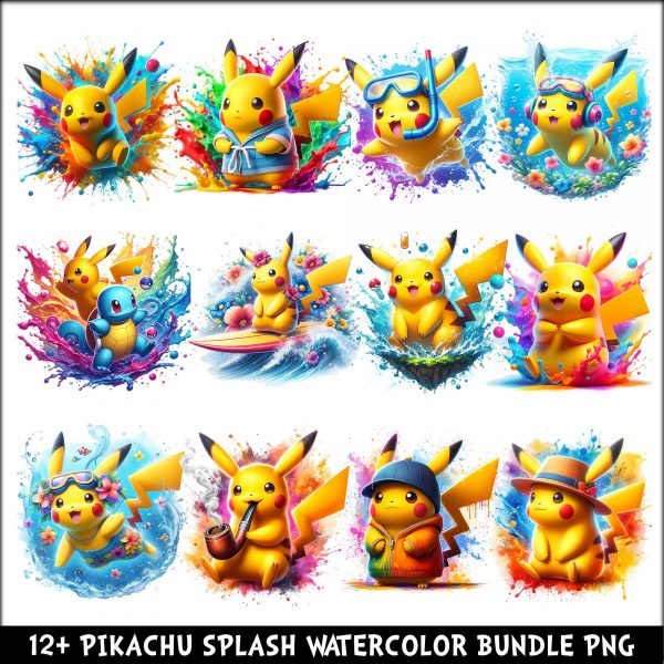 Pikachu Splash Watercolor PNG Bundle